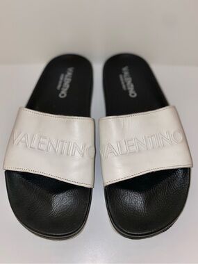 Valentino White and Black Logo Slide Sandals